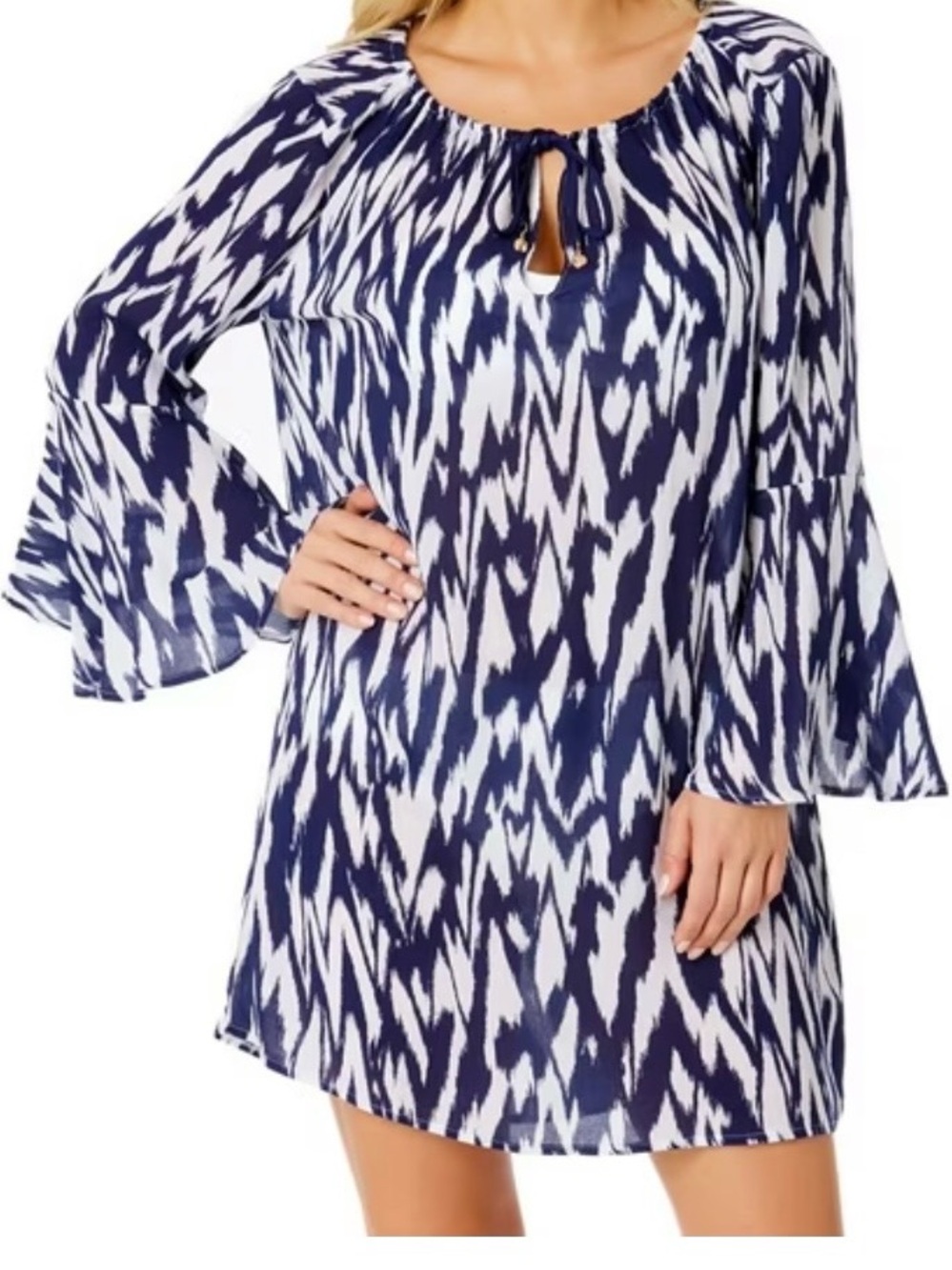 Anne Cole NWT XS/S Navy White Ikat Bell Sleeve Tunic Cover Up
